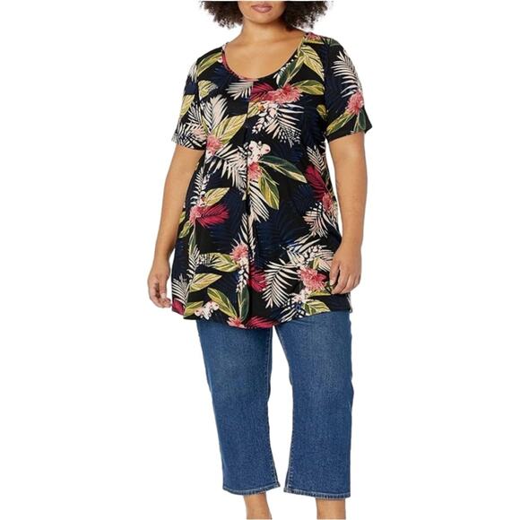 Avenue Top Black Liv Tropical Print Pleat Short Sleeve Tunic Plus Size 20 NEW - Picture 1 of 15